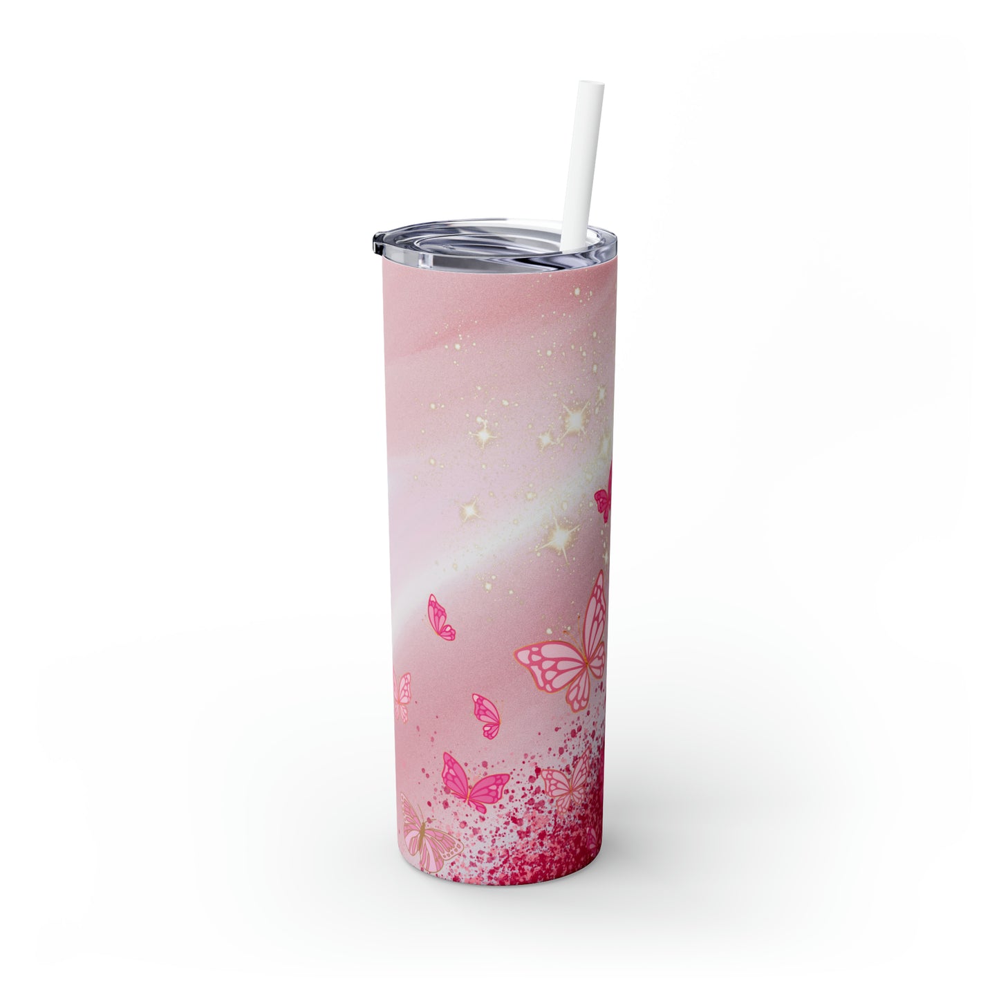 Butterfly Glitter | Pink Skinny Tumbler with Straw, 20oz | Great For Gift Giving | BPA-Free & Non-Toxic