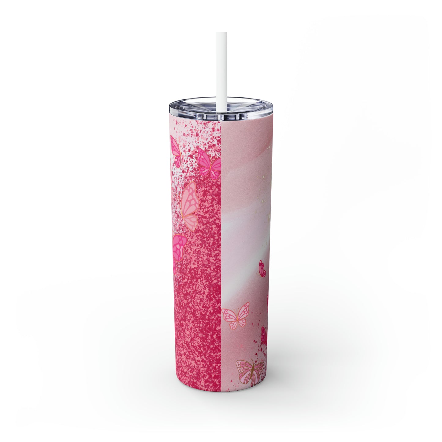 Butterfly Glitter | Pink Skinny Tumbler with Straw, 20oz | Great For Gift Giving | BPA-Free & Non-Toxic