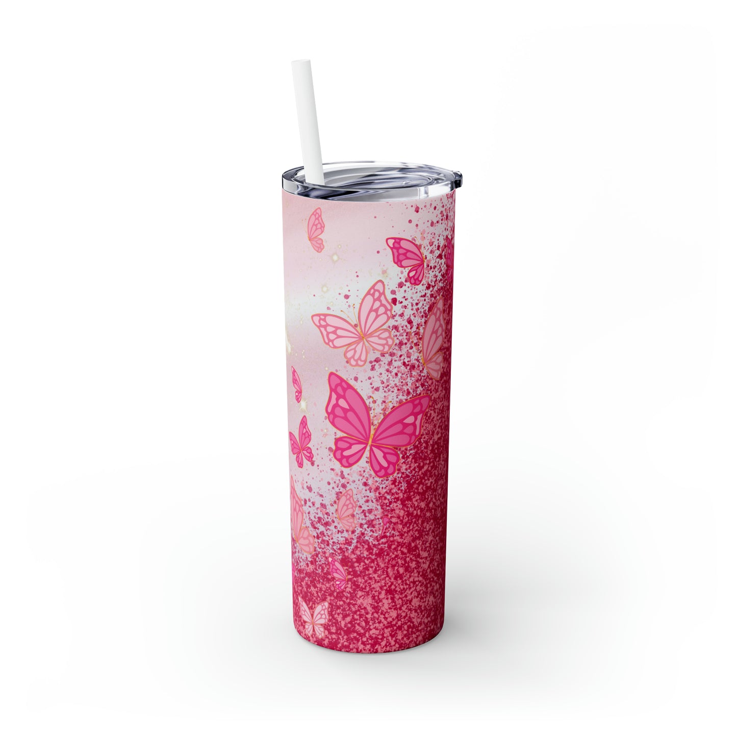 Butterfly Glitter | Pink Skinny Tumbler with Straw, 20oz | Great For Gift Giving | BPA-Free & Non-Toxic