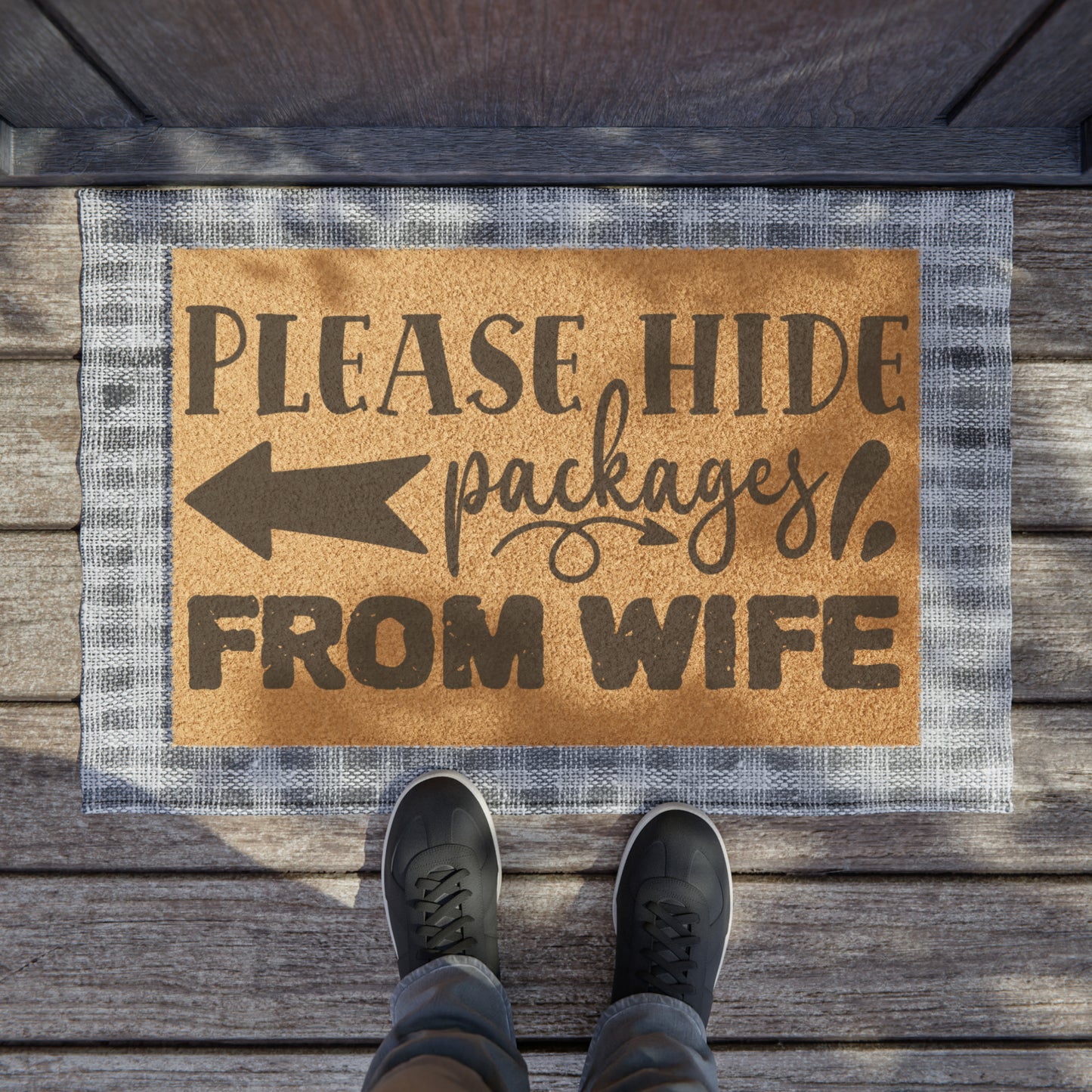 Please Hide Packages From Wife | Grade A Tufted Coir Coconut Fiber Doormat | Vinyl Backing Outdoor Mat