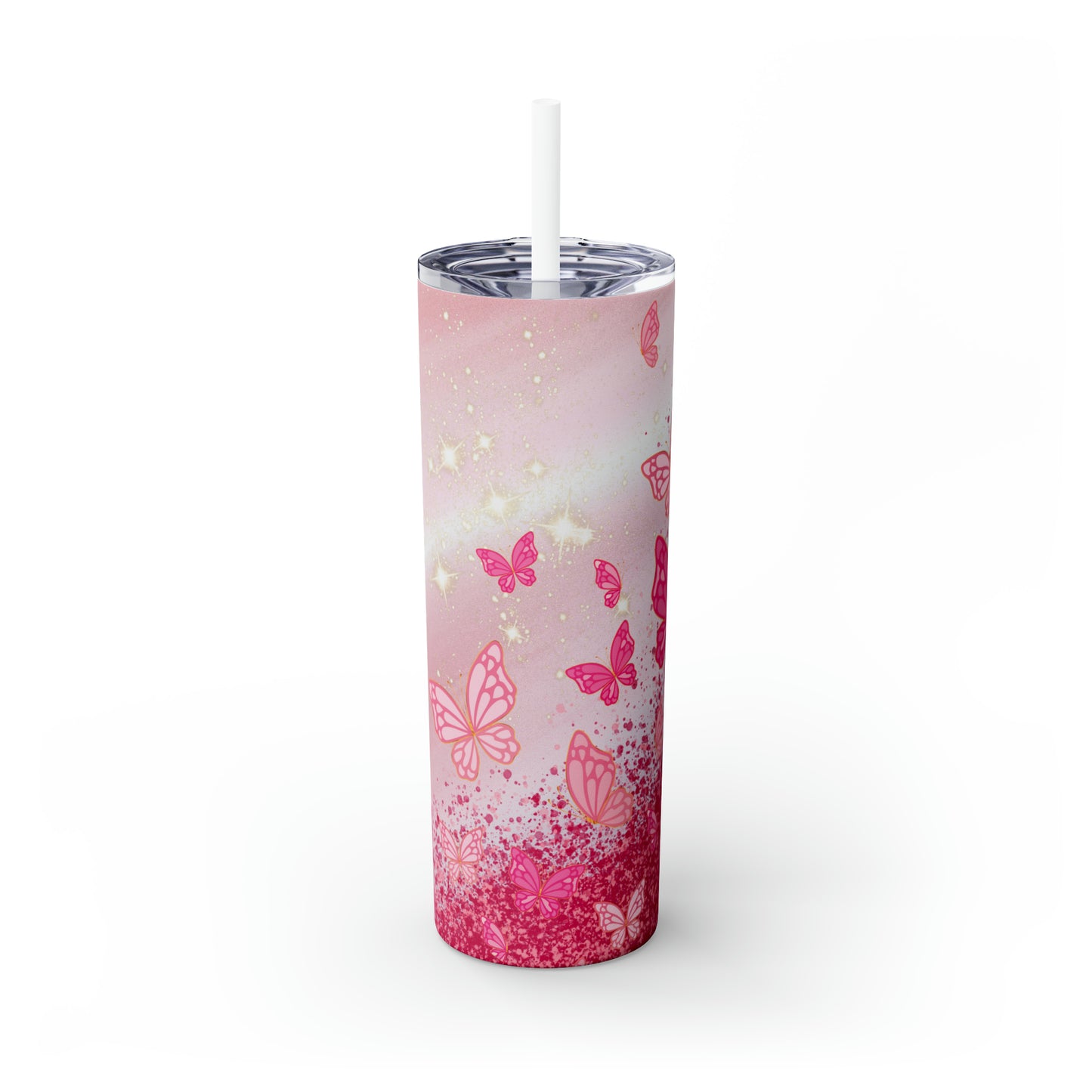 Butterfly Glitter | Pink Skinny Tumbler with Straw, 20oz | Great For Gift Giving | BPA-Free & Non-Toxic