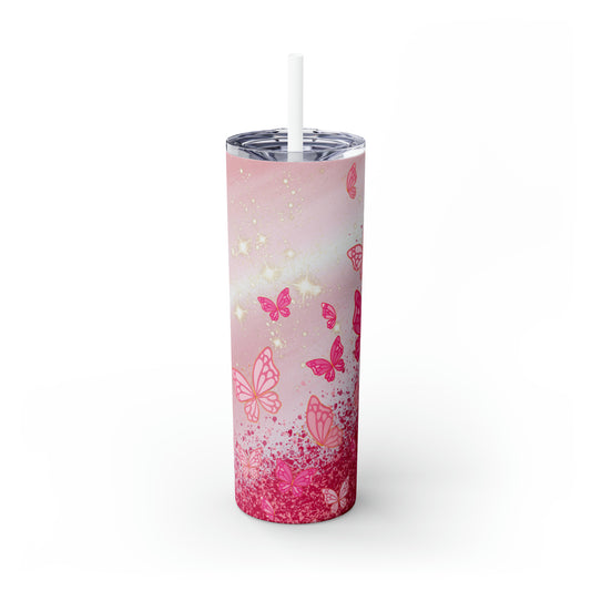 Butterfly Glitter | Pink Skinny Tumbler with Straw, 20oz | Great For Gift Giving | BPA-Free & Non-Toxic