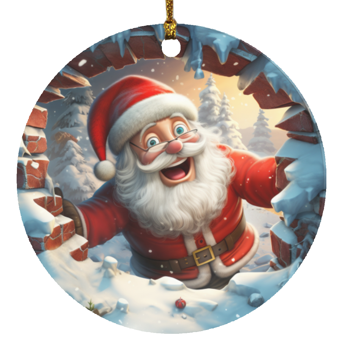 Santa Coming Out The Hole | Circle Ornament